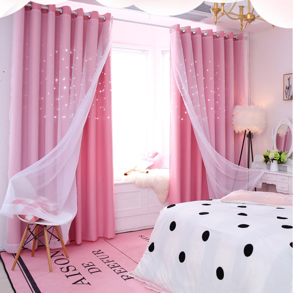 100x250cm Blackout Window Curtain Double-Layer Overlay Hollow-Out Cut Out Star Living Room Bedroom Solid Color Curtain D25