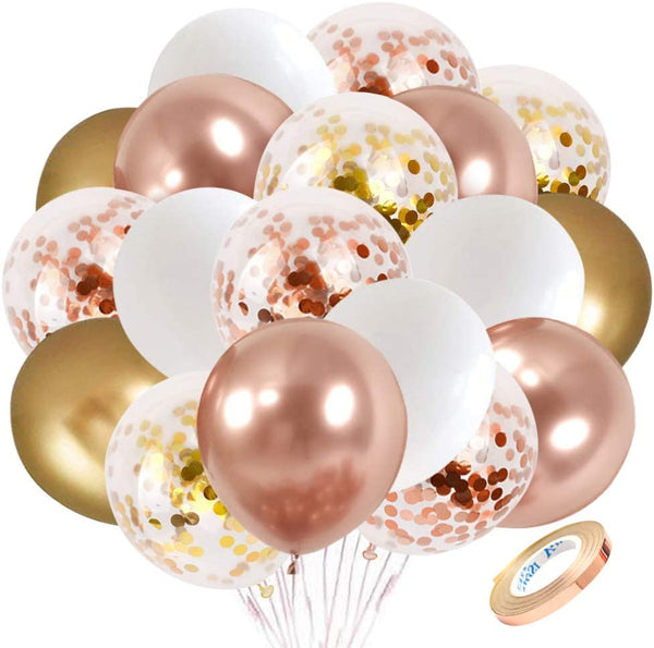 60 pcs 12 inch White Metallic Gold Party Balloon with 33 Ft Rose Gold Ribbon for Birthday Wedding Anniversary Bridal Shower Decoration