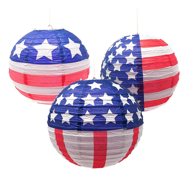 Patriotic Day Party Paper Lanterns Red White Blue Stars Round Hanging Party Lantern Independence Day